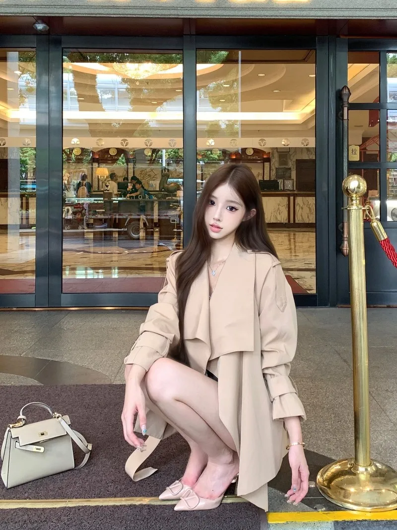 Khaki Color Elegant Style Women's Windbreaker Coat Casual Slim Fit High Collar Autumn Fashion Outerwear Korean Version Long S...