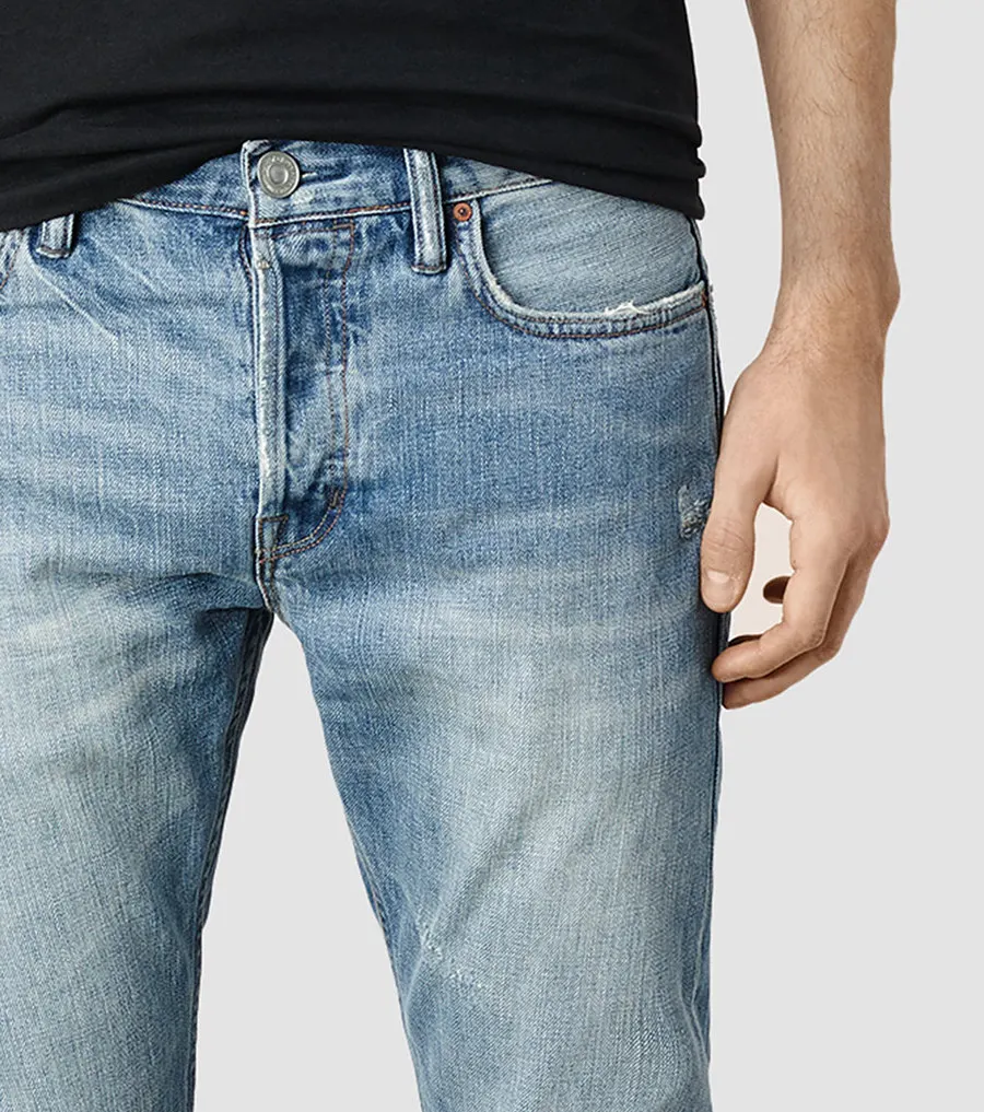 

Handmade Vintage Waed Blue Jeans Slim Fit Long Casual Faion Ci Sle PISTOL Ripped Denim Pants for Men