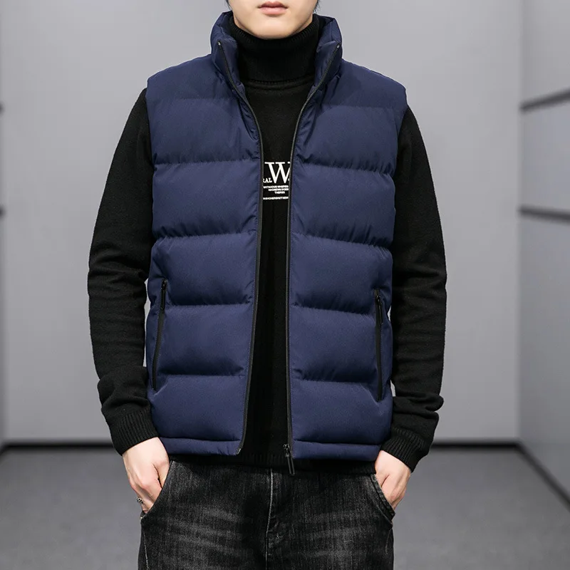 秋冬メンズスリムフィットノースリーブスタンドカラーベスト無地厚手ダウンコットンジャケットカジュアルジッパーウエストコート