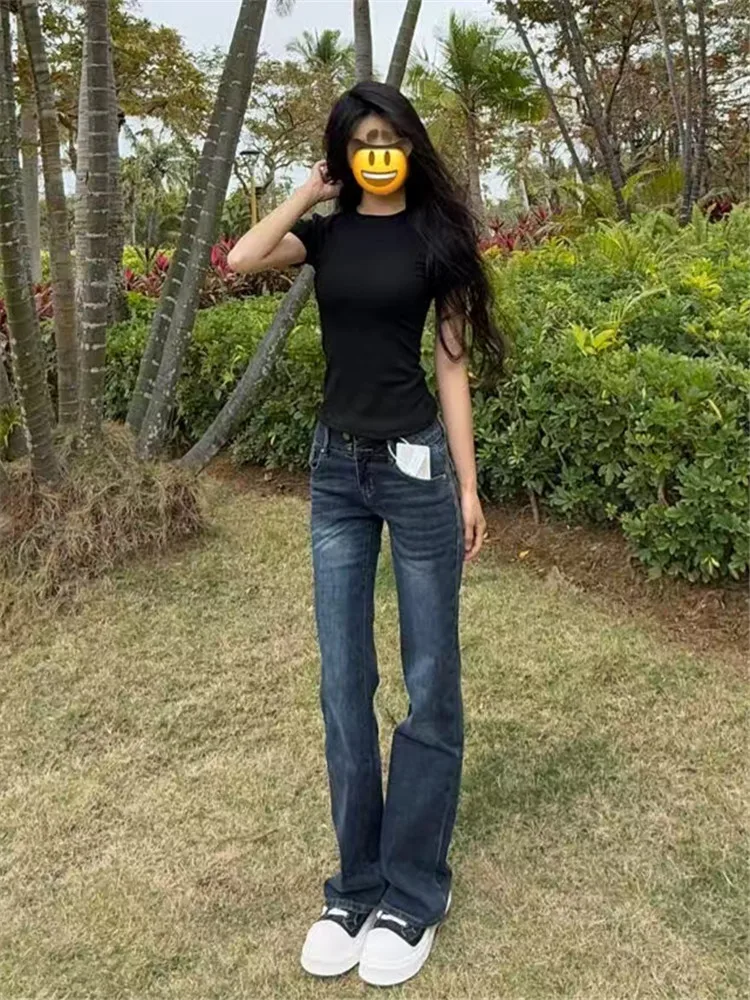 

Американские джинсы-клеш в стиле ретро для женщин, облегающие, удлиненные, с низкой посадкой, глубокого цвета, весенние, с эффектом потертости