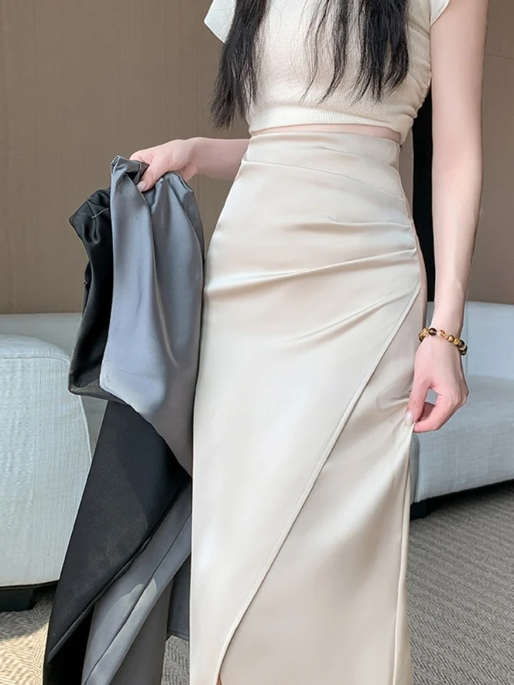 

Элегантная атласная юбка-миди женская, с высокой талией, стройнящая, длинная, мягкая, комфортная, с драпировкой, шелковистая текстура