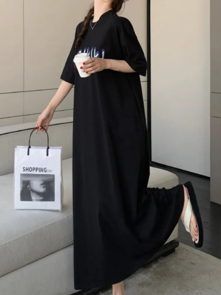 Abito estivo oversize con maglietta nera da donna elegante abito lungo allentato vintage da donna abiti casual da donna