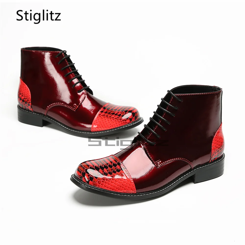 

Red Snake Pattern Lace Up Ankle Boots for Men Genuine Leather Round Toe Short Boots Spring Autumn Handmade Male Wedding Shoes