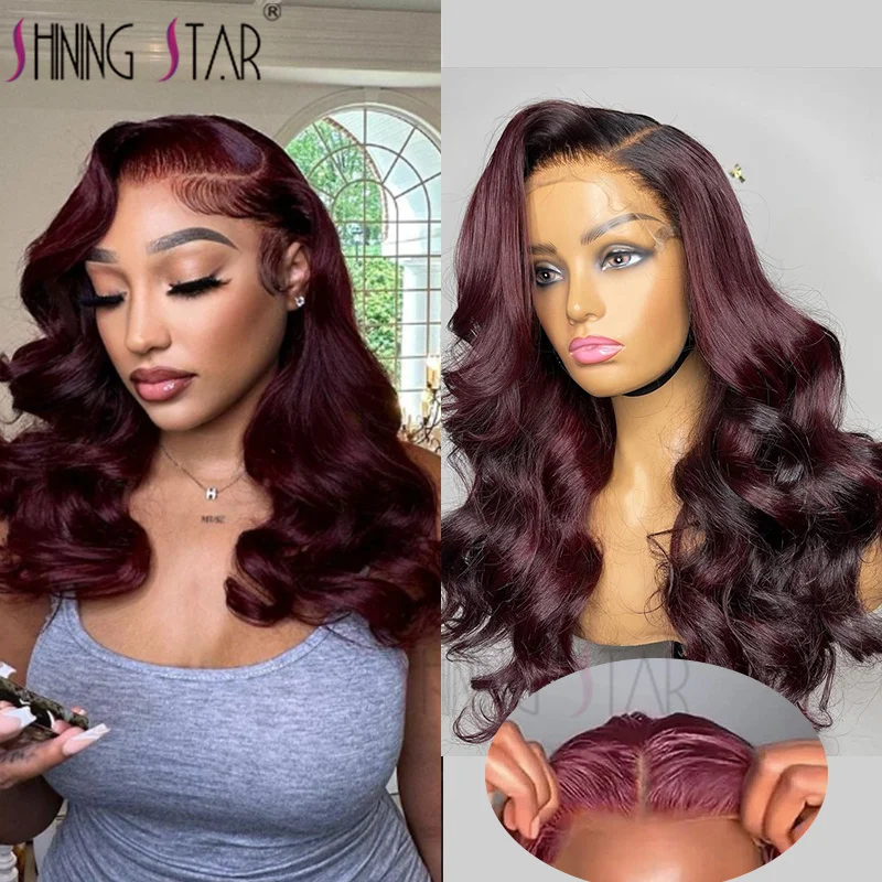 

13X4 Burgundy Glueless Lace Frontal Wigs Human Hair Pre-cut Body Wave Lace Front Wig Dark Burgundy 13X1 Lace Part Human Hair Wig