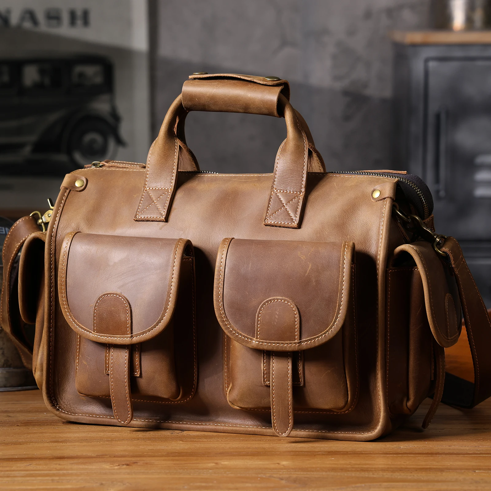 S.WORKER Vintage Echtleder Herren-Aktentasche 14" Laptop-Tasche Crazy Horse Leder Messenger-Handtasche Rindsleder Geschenkidee für Männer – Detail 27