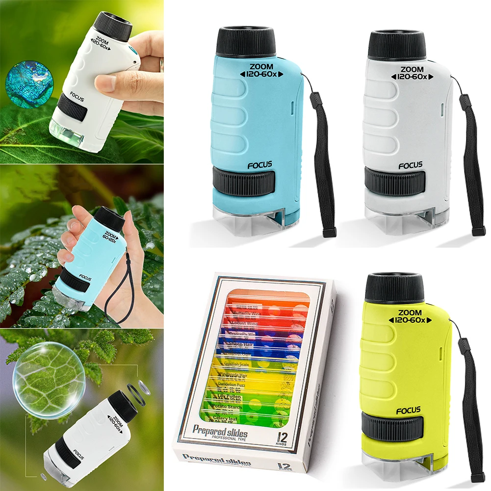 Esperimento scientifico per bambini Microscopio tascabile Lab Luce a LED 60-120x Alimentato a batteria Casa Scuola Scienza biologica Giocattoli educativi