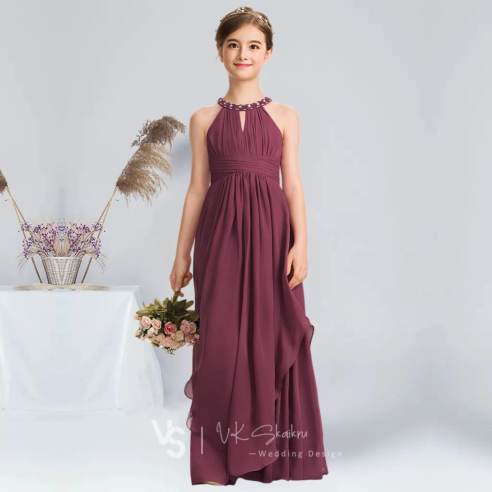 A-line Halter Floor-Length Chiffon Junior Bridesmaid Dress With Beading Mulberry Girl Bbridesmaid Dress Summer Flower Girl Dress