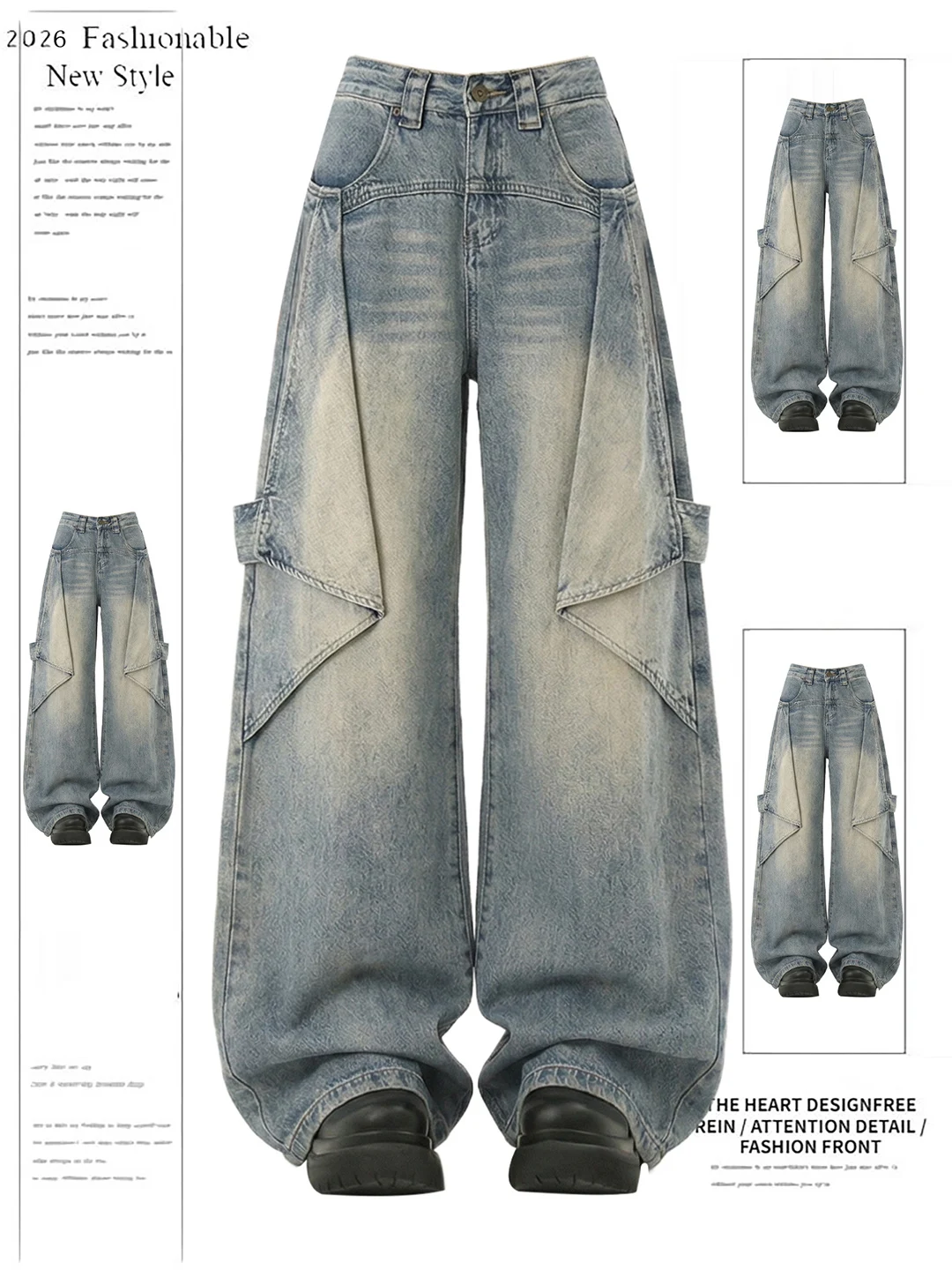 

Retro American Splicing Gradient Dyeing High Waist Wide Leg Jeans Women's Summer New Straight Cut Denim Pants Blue Casual