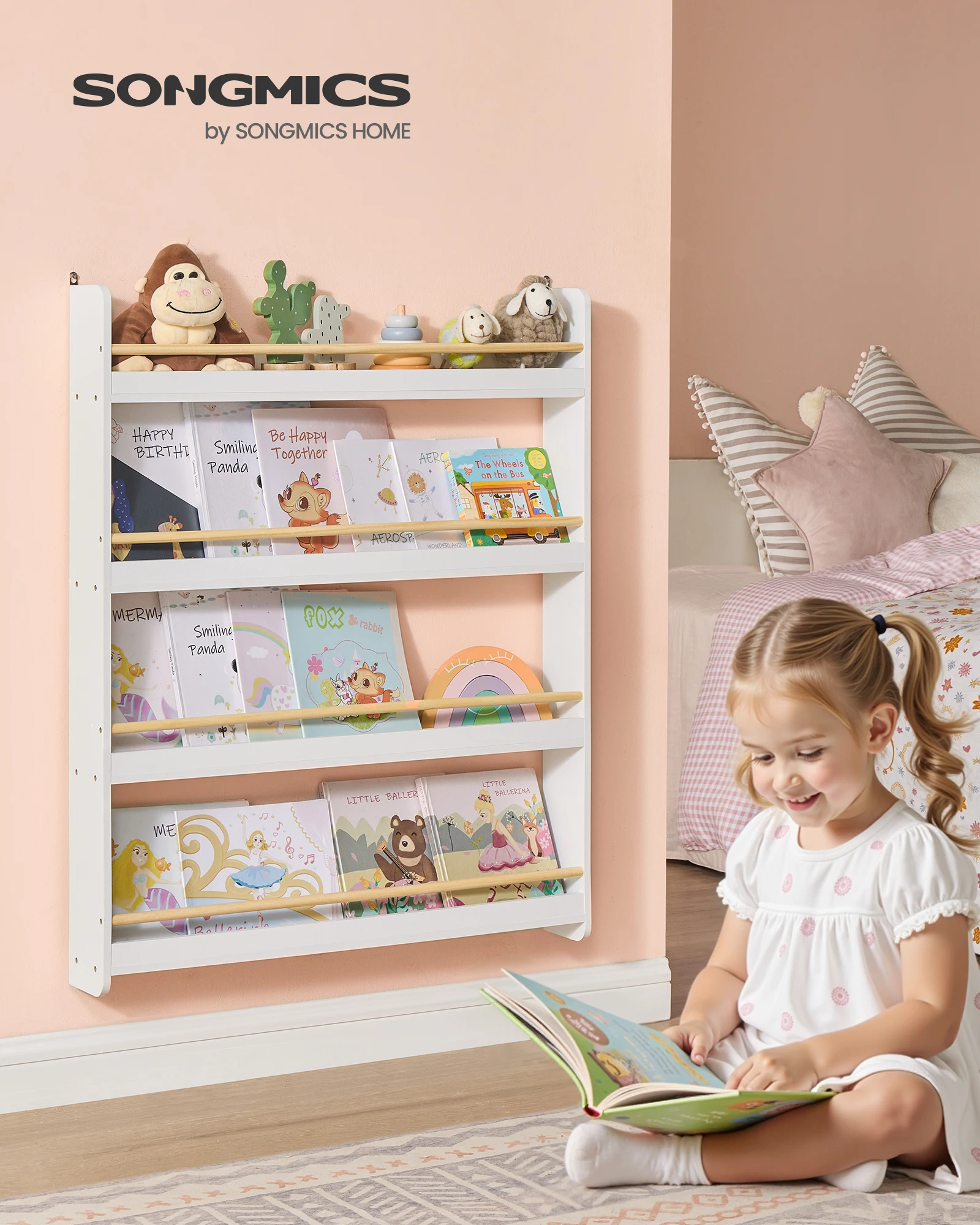 SONGMICS Estantería Infantil, Estante con 4 Niveles, para Juguetes, Estantería de Pared, para Habitación de Niños, Cuarto de Juegos, Blanco y Natural