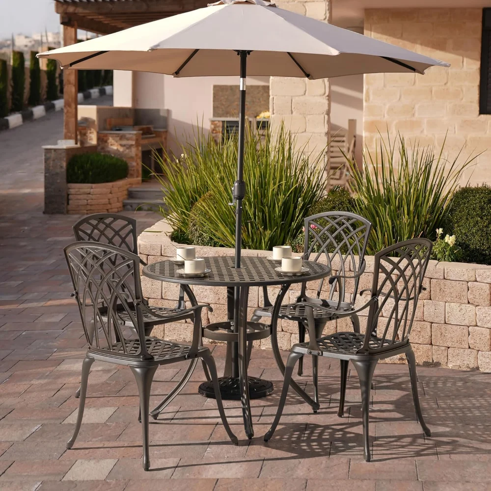 5 Piece Outdoor Patio Dining Set, All-Weather Round Cast Aluminum Dining Table