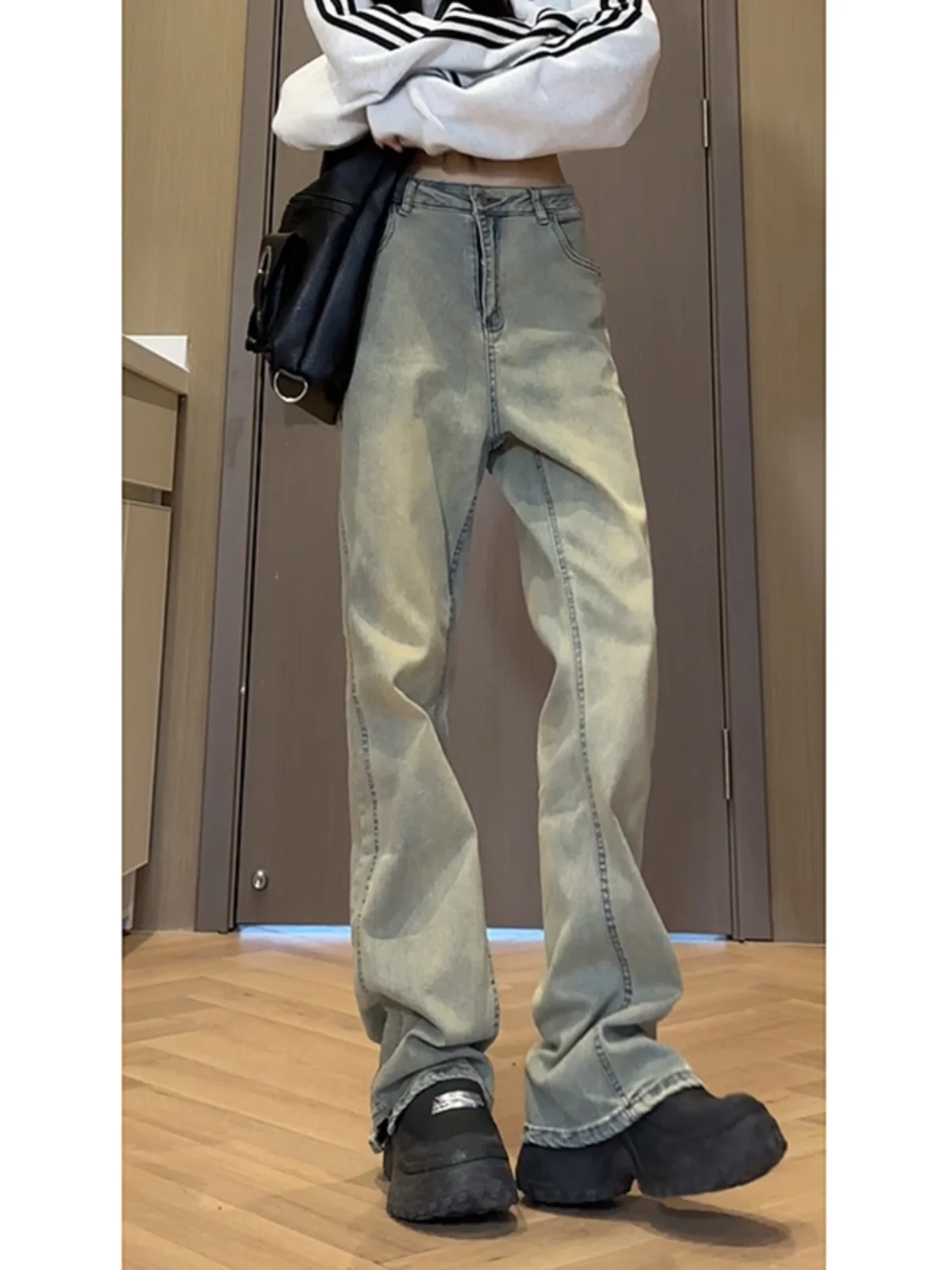 

Trendy American High Street Yellow Mud Jeans Men's Belted High Waist Flared Pants Youthful Straight Leg Cotton Polyester Blend