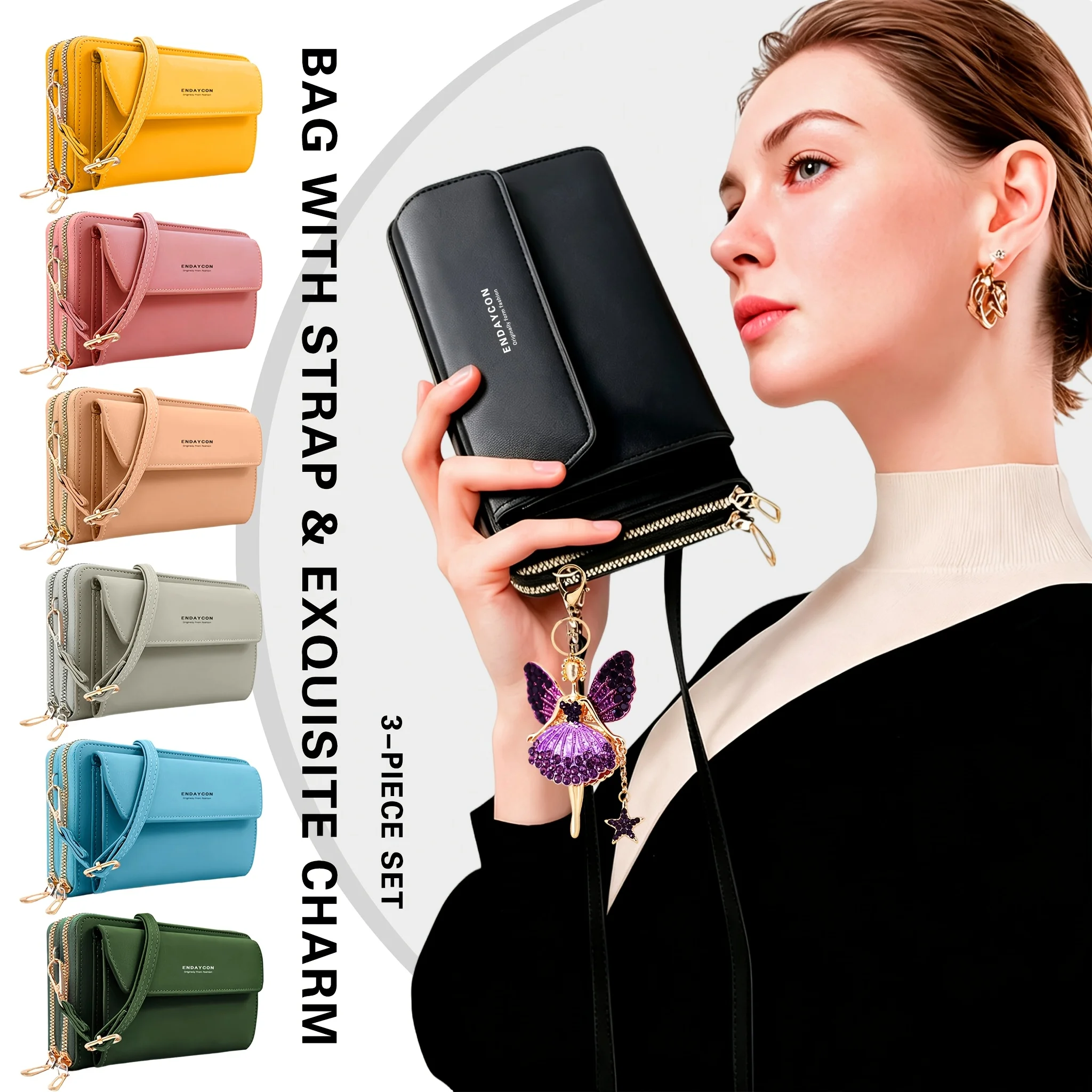 Women's Crossbody Phone Bag with Fairy Pendant, Adjustable Strap Multi Card Slot Wallet, Minimalist Solid Color Shoulder Bag