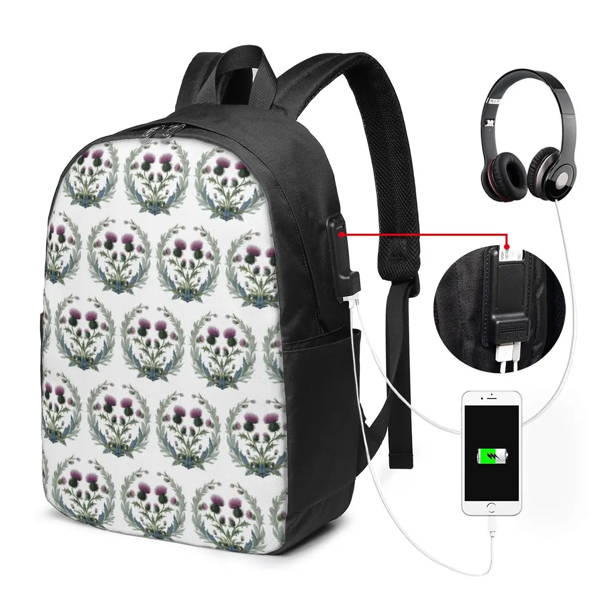 Thistle Flowers With Green Leaves Backpack Travel Notebook Bag Computer College Student School Bag Laptop Shoulder Bags