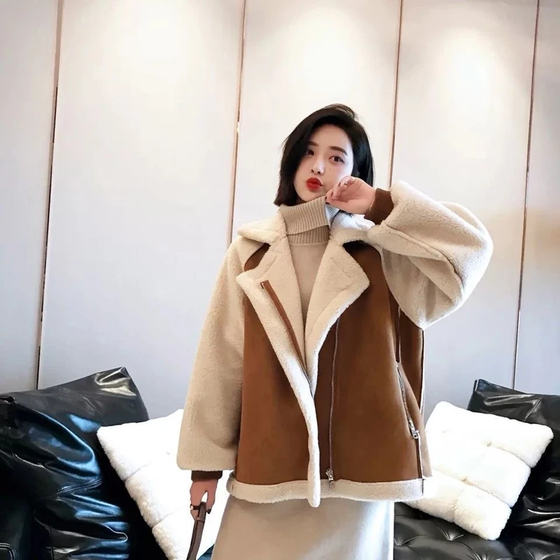 Women Winter Fashion Khaki Outerwear Thick Plush Warm Coat Lamb Wool Sheepskin Faux Suede Zipper Jacket Loose Fur Jacket 2025