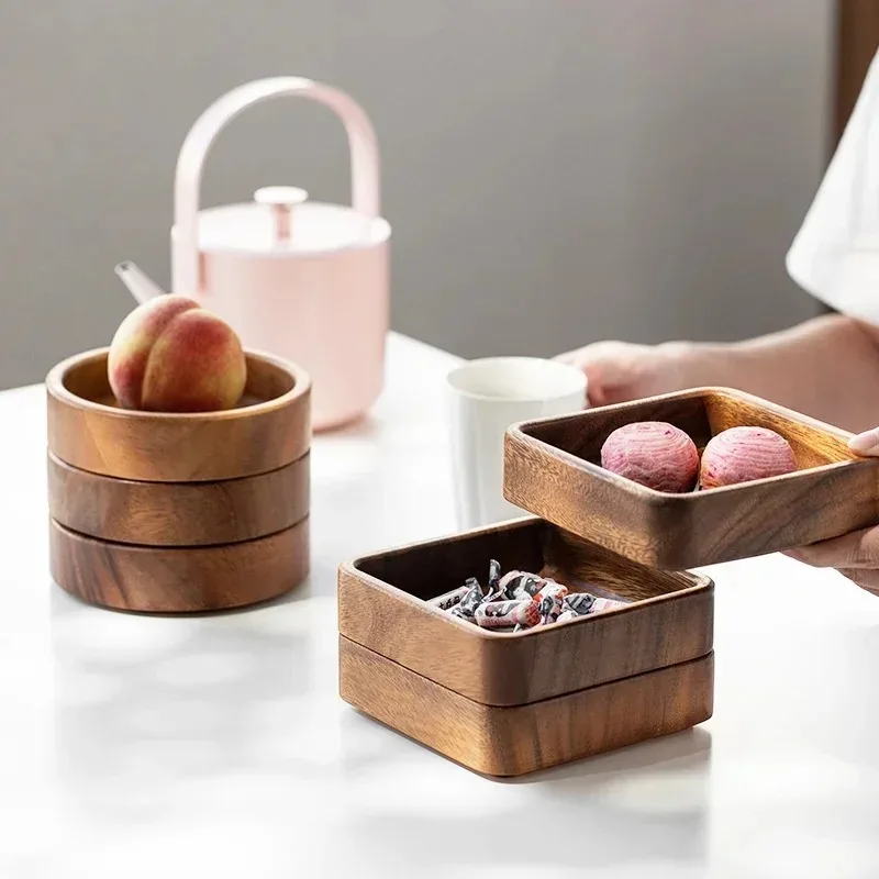 

Creative Stackable Plate Walnut Wood Plate Square Tray Japanese Tableware Household Simple Confectionery Plate Small Round Bowl