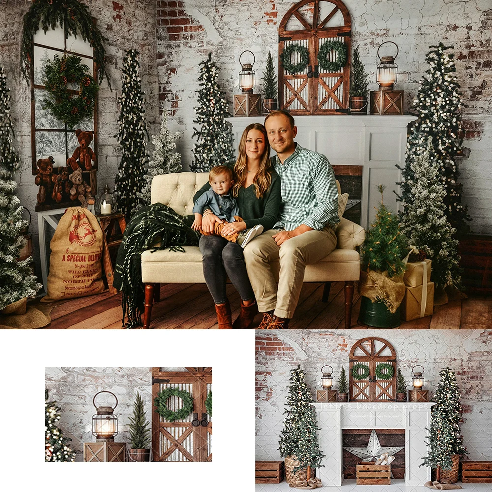 Brick Wall Windows Xmas Trees Backdrops Kids Family Photography Child Adult Photocall Decors Christmas Room Backgrounds