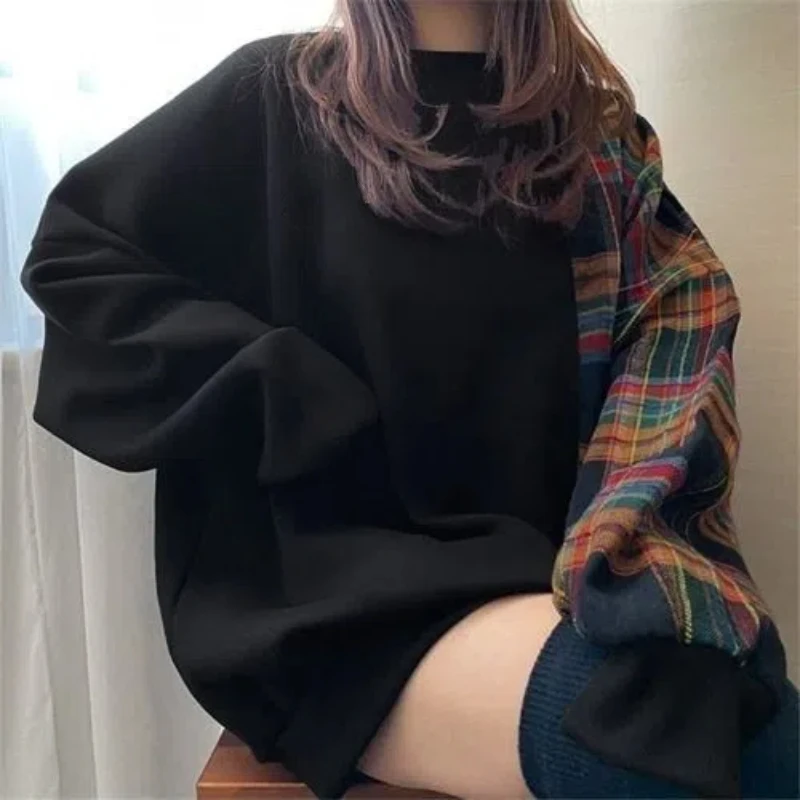 Women Clothing Plaid Patchwork Loose Hoodies Sweatshirts Spring Autumn New Long Sleeve Contrast Street Casual Tops Fashion Trend