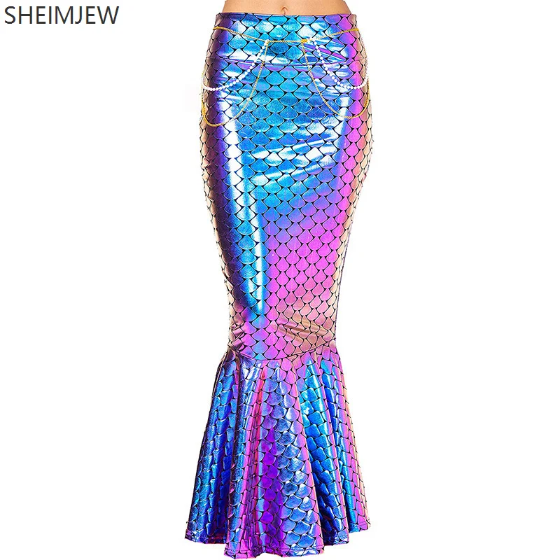 Women's Long Mermaid Skirt Metallic Holographic Scale Print Slim Skirt Pearl Chain Adult Mermaid Cosplay Costume Hip Skirt 2025