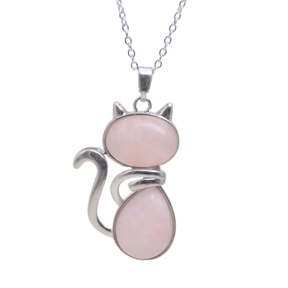 Reiki Natural Stone Necklace Pink Quartz Pendant for Women Girl Cute Cat Shape Oval Waterdrop Rock Black Onyx Bead Chain Jewelry