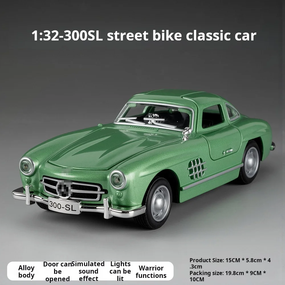 1:32 Scale 300SL Miniature Vintage Car Model Toys Alloy Diecast Sound Light Doors Opened Pull Back Ornament Model for Kids Gifts