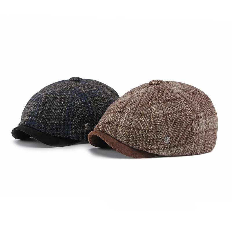 Men Tweed Newsboy Cap Vintage Plaid Ivy Flat Cap Autumn Winter Thick Warm Beret Cabbie Hat Suede Brim Peaky Blinders Baker Boy - view 2