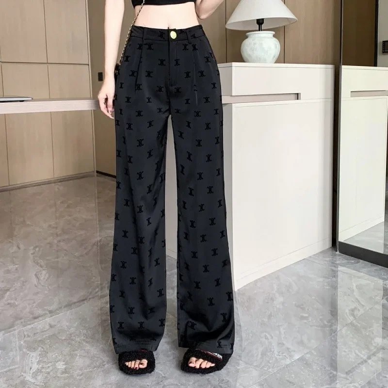 Women's High-waisted Slimming Black Casual Suit Pants Ice Silk Acid Bell Bottoms Thin Summer Style Draped Floor-length Trousers