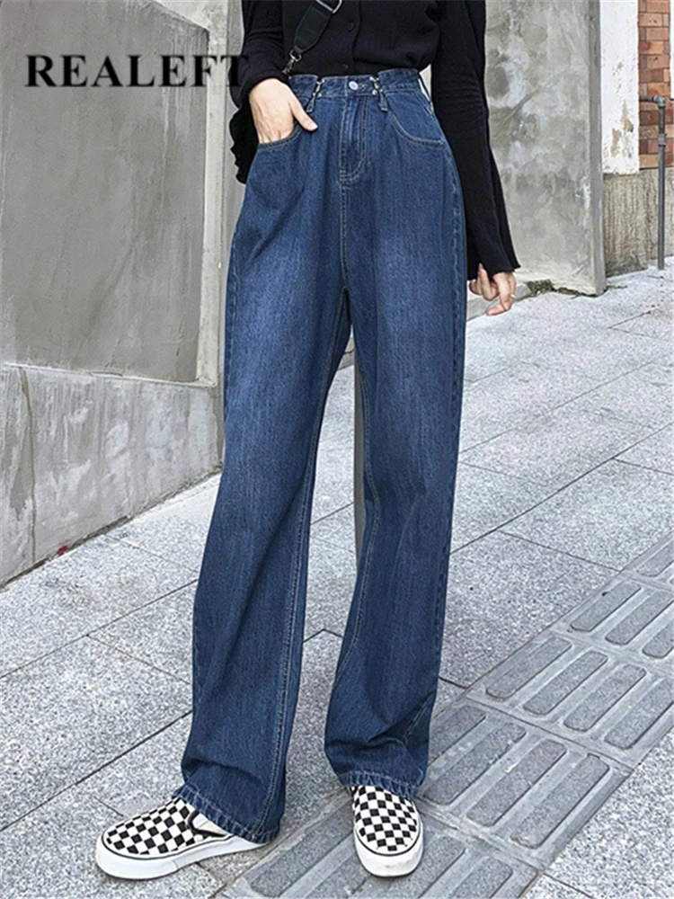 

REALEFT Casual Women's Denim Pants 2023 New Fashion High Waist Adjustable Buckle Straight Full Length Leg Wide Leg Pants Female