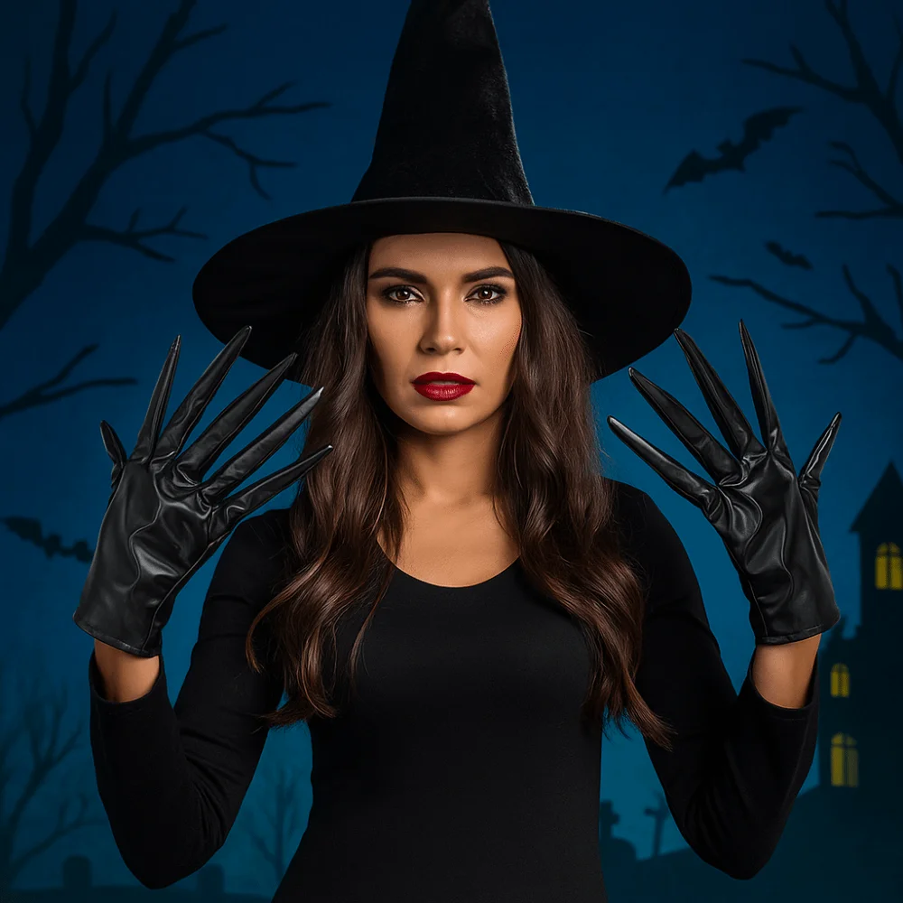 أصابع نحيلة قفازات الهالوين بولي Leather جلد أسود شبح مخلب القفازات أداء الدعامة القصيرة تأثيري حلي قفازات فستان