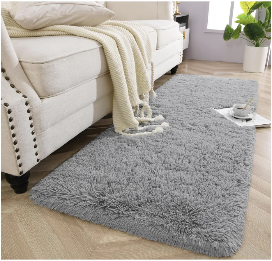 Grey Area Rug for Bedroom Living Room Carpet Home Decor, Upgraded 2x6 Cute Fluffy Rug for Apartment Dorm Room