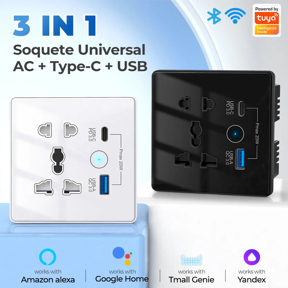 1PC Tuya WiFi Smart Socket Switch PD/QC3.0 Quick Charge USB/Type-C Port Outlet Support Alexa Google Home EU UK US Universal Plug