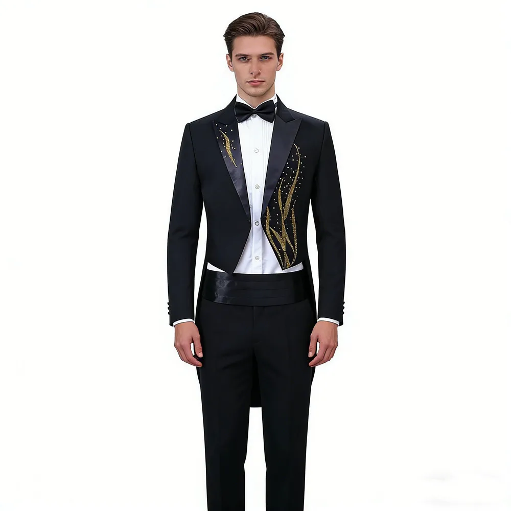 Black White Crystals Male Swallowtail Suits Tailcoat Blazers Costume Prom Party Host Magician Singer Chorus Show Stage Outfit