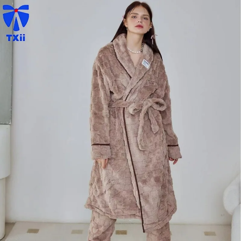 Autumn and Winter New Men's and Women's Coral Fleece Bathrobe Winter fleece-lined Thickened Loose Home Nightgown Pants