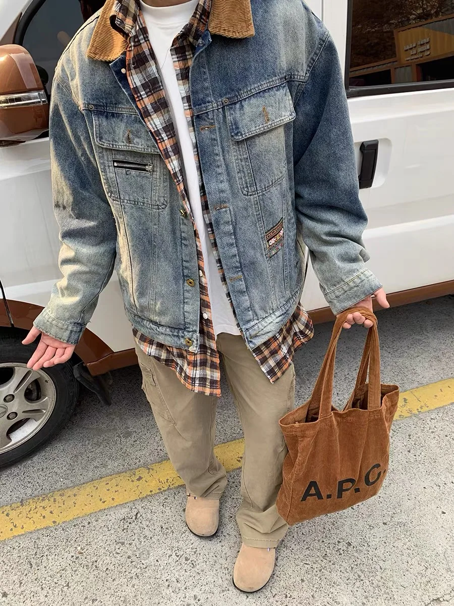 

Американский джинсовый тюнер с зауженной талией в стиле ретро, мужской повседневный джинсовый тюнер с воротником свободного кроя, осенний сезон ex Long Sve Color