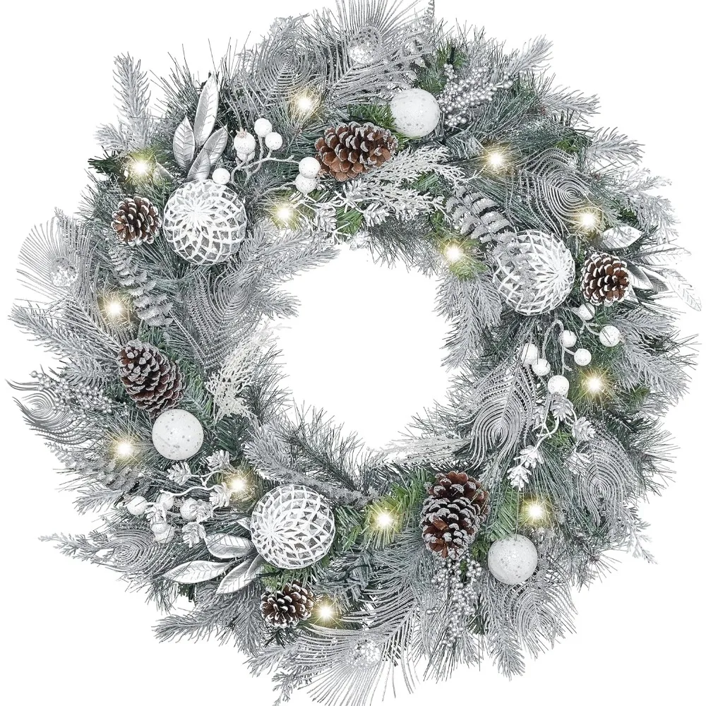 

30 Inch Pre-Lit Christmas Wreath for Front Door with Lights, Large Lighted Christmas Wreath