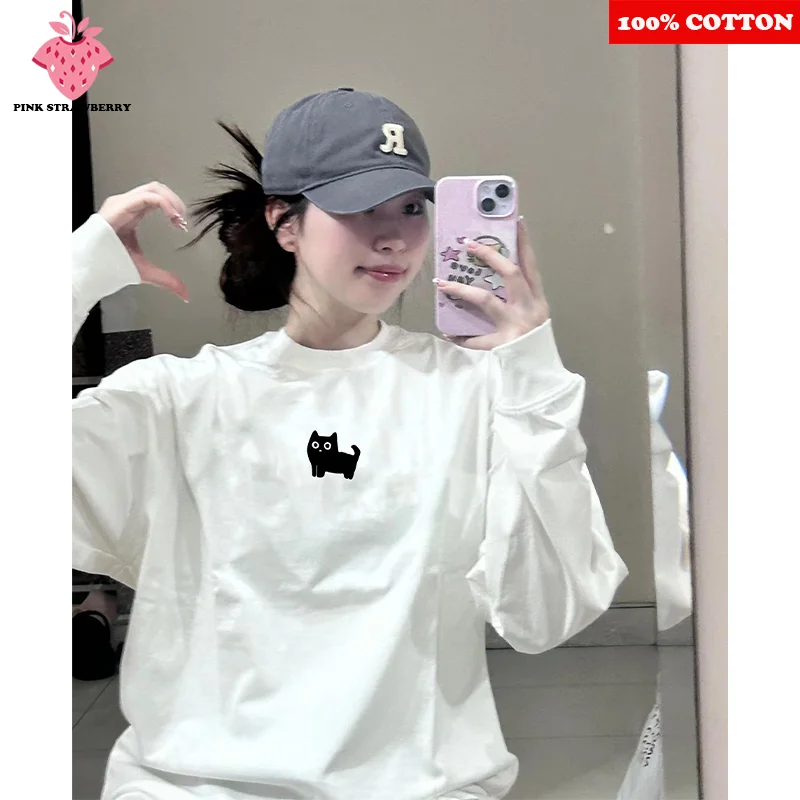 

Cute Black Cat Print T-shirt Women Autumn 2025 New 100% Cotton White Oversize Loose Long sleeves T-shirt Top Y2k kawaii clothes