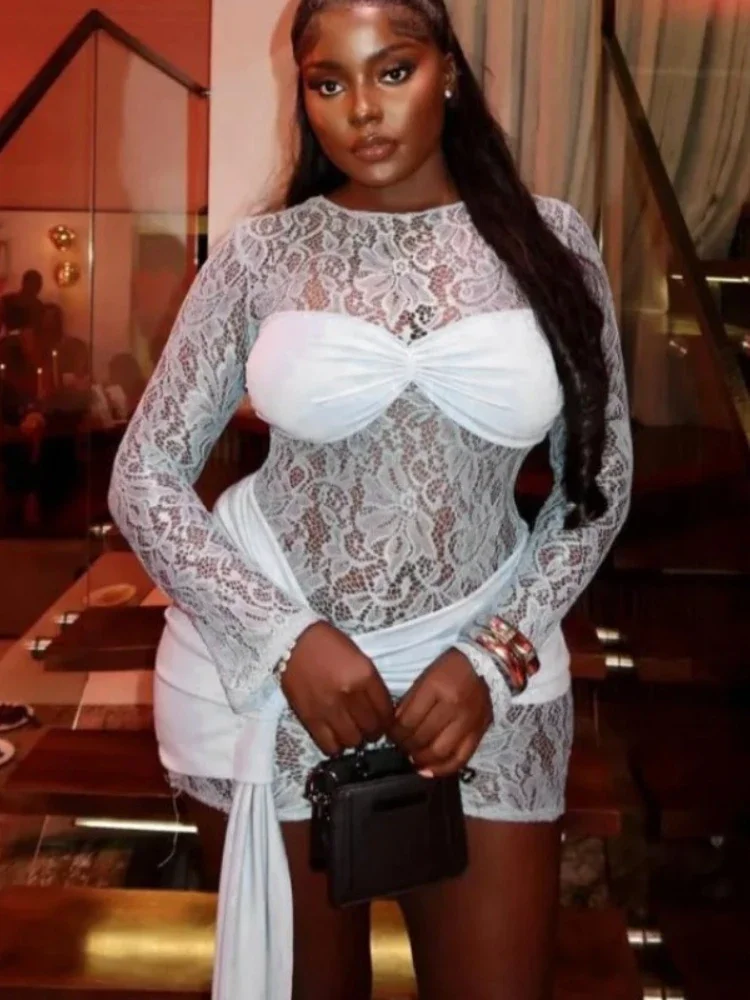 

African Dresses for Women Summer African Long Sleeve O-neck Lace Polyester Bodycon Mini Dress Outfits Dashiki African Clothing