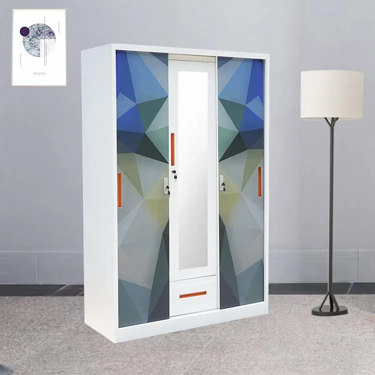 Digital Printed Steel Sliding Door 3-Door Bedroom Furniture Flower-Printed Wardrobe Metal Mirror Armoire Closet Wardrobe Price