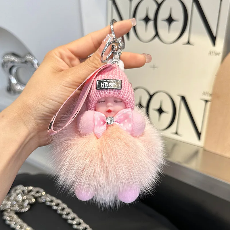 Cute Sleep Baby Pompom Keychain Real Fox Fur Doll Keyring Plush Doll Pendant Fashion Key Holder Chain for Car Key Ring Women Bag