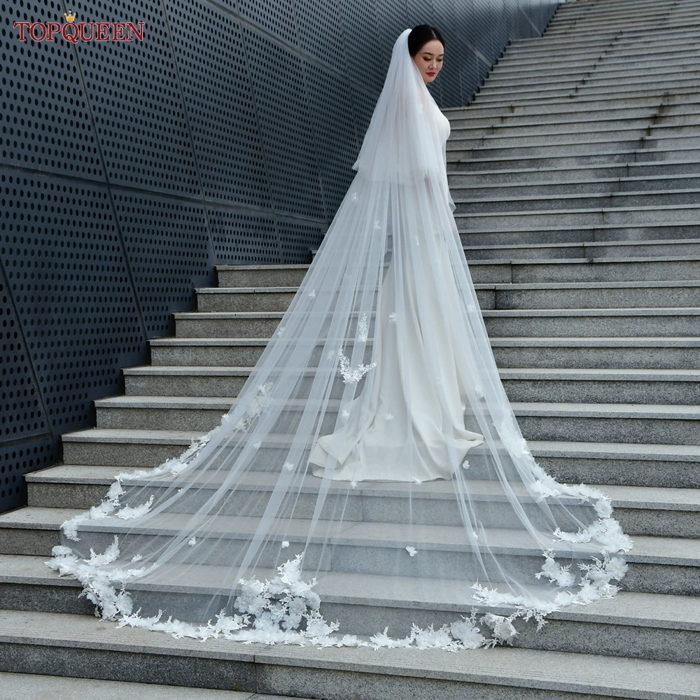 TOPQUEEN V150 Luxury 2 Floral Wedding Veil Bridal Veil Cathedral Wedding Veil 5m 3d Floral Lace Customizable With Comb
