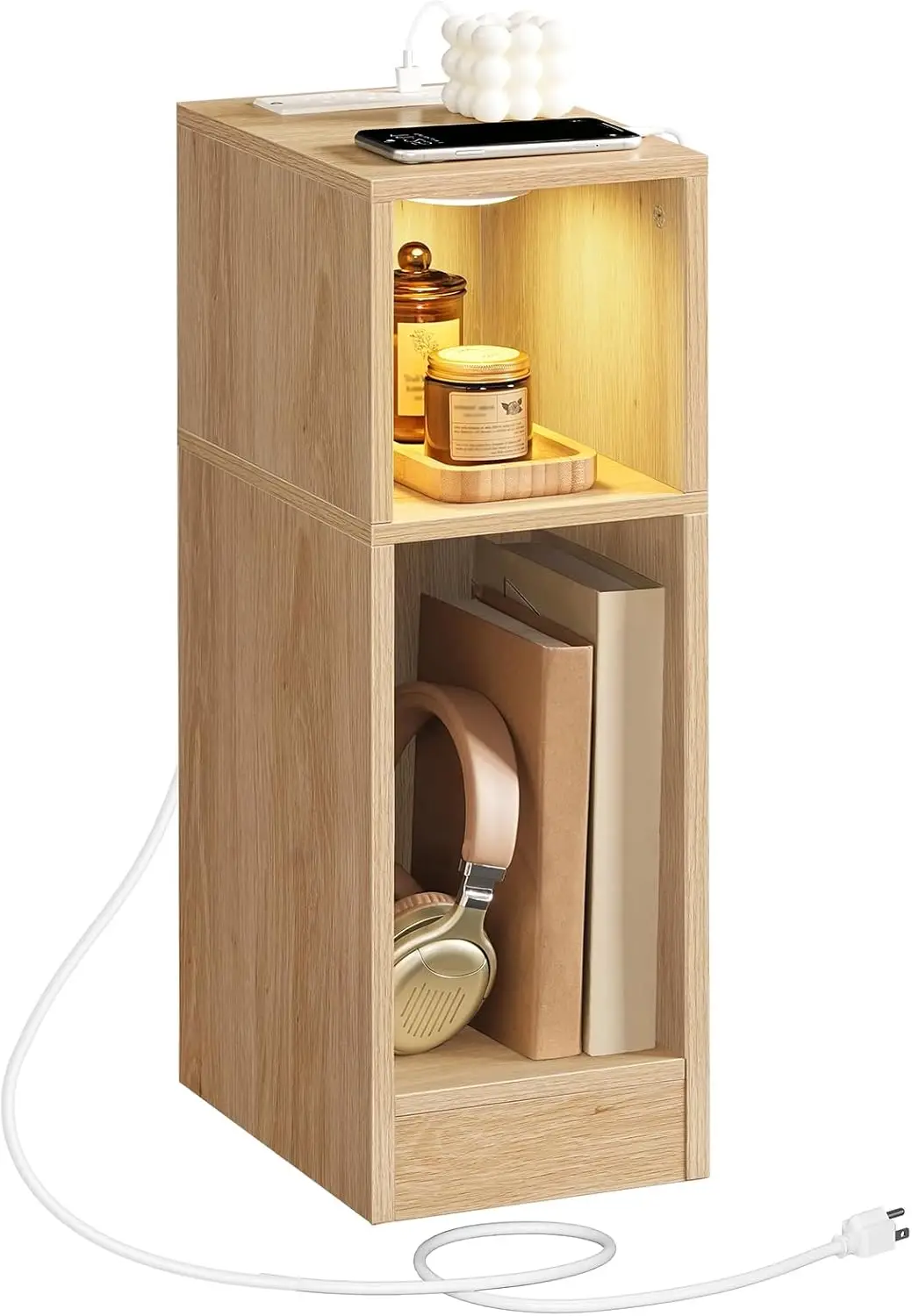 

Narrow Nightstand, Slim End Table with Charging Station and LED Sensor Light, Modern Side Table, Bedside Table, for Small Spa