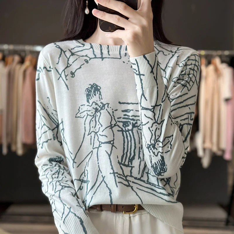 23 Autumn Winter New Woolen Sweater Women\'s Round Neck Long Sleeve Fine Lmitation Wool Mulberry Silk Cotton Loose Graffiti Knit