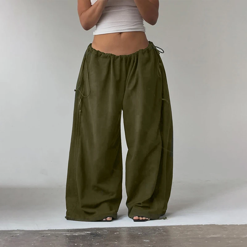 OMSJ Sexy Leisure Fashion Hot Girls Drawstring High-waisted Pure Colors Ruched Loose Fitting Simple Sporty Street Style Trousers