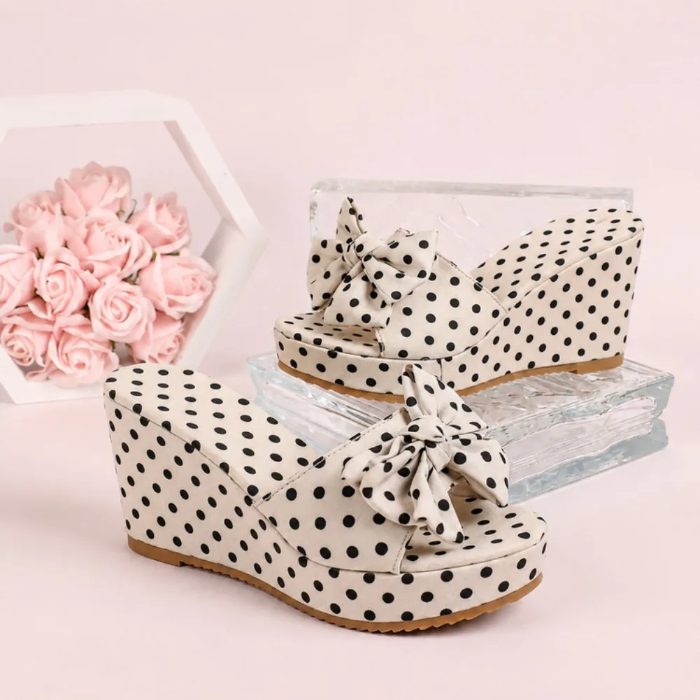 Übergröße 43 Damen Polka Dot Keilabsatz-Sandalen mit Schleifendekor Knöchelriemen Plateau-Schuhe Sommer Strand Fußbekleidung – Detail 16