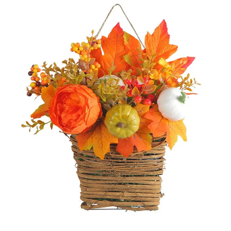 *uu. New Harvest Festival Pumpkin Flower Basket Door Hanging Golden Maple Leaf Simulated Flower Basket Pendant Garden Decoration