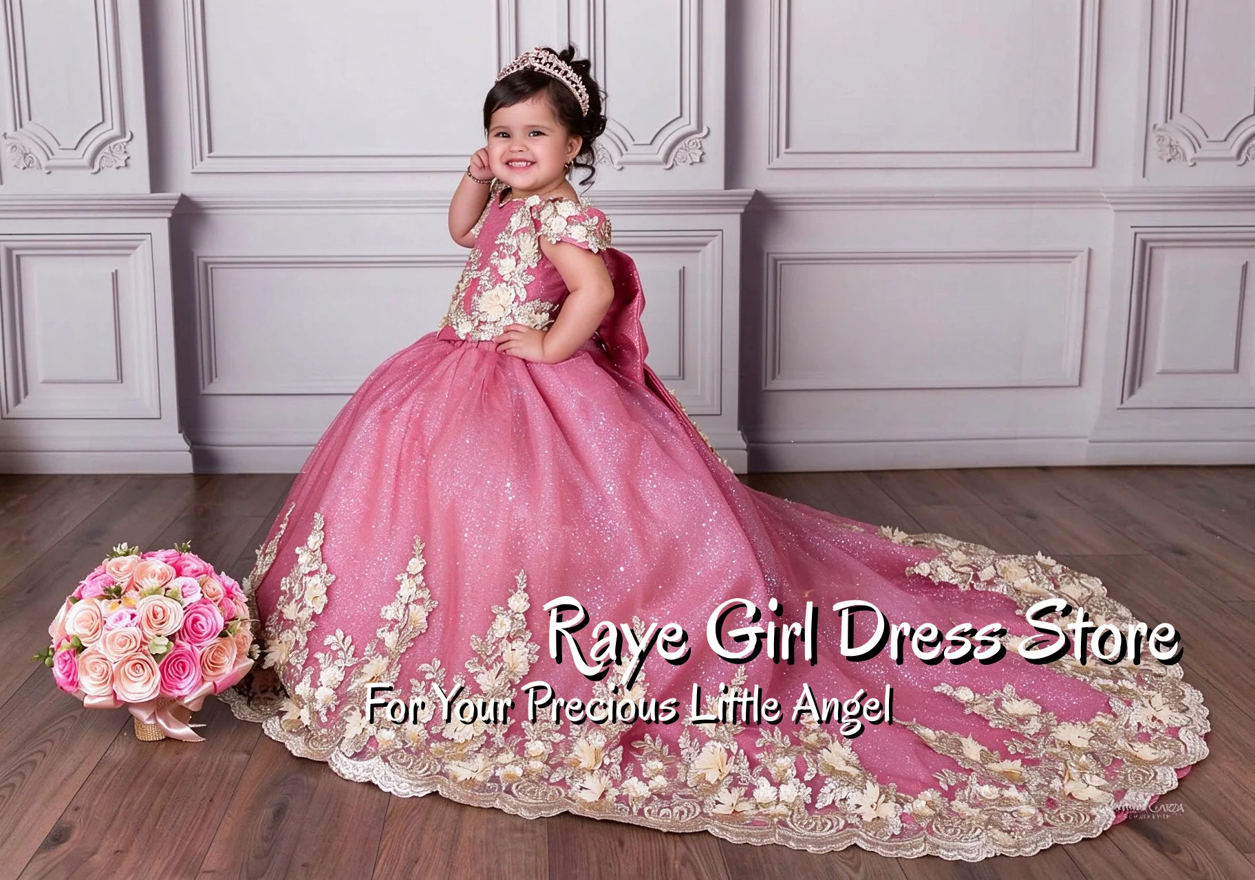 Pink Flower Girl Dress For Wedding Birthday Pageant Formal Gowns A Line Puffy With Train Cap Sleeve Gold Lace Applique Gowns