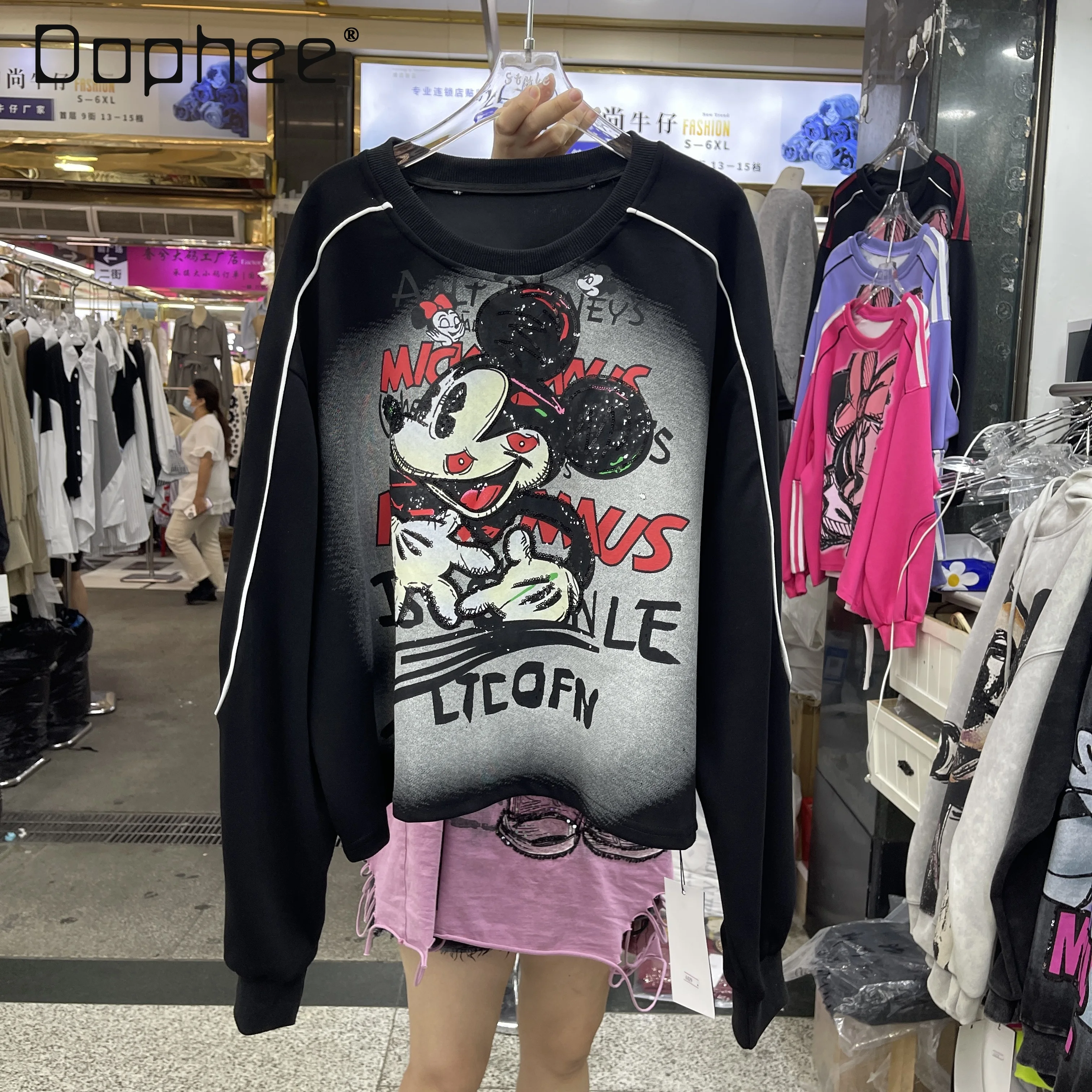 Pullover Sweatshirt for Women 2025 Autumn New Heavy Cartoon Print Sequin Crew Neck Loose Casual Top Kawaii Aesthetic Sweatshirts