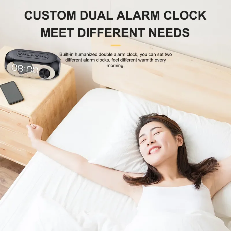 Mirror Alarm Clock Wireless Bluetooth Speaker Multifunction LED Display Stereo Subwoofer Home Decor Aux Music Player Audio Box