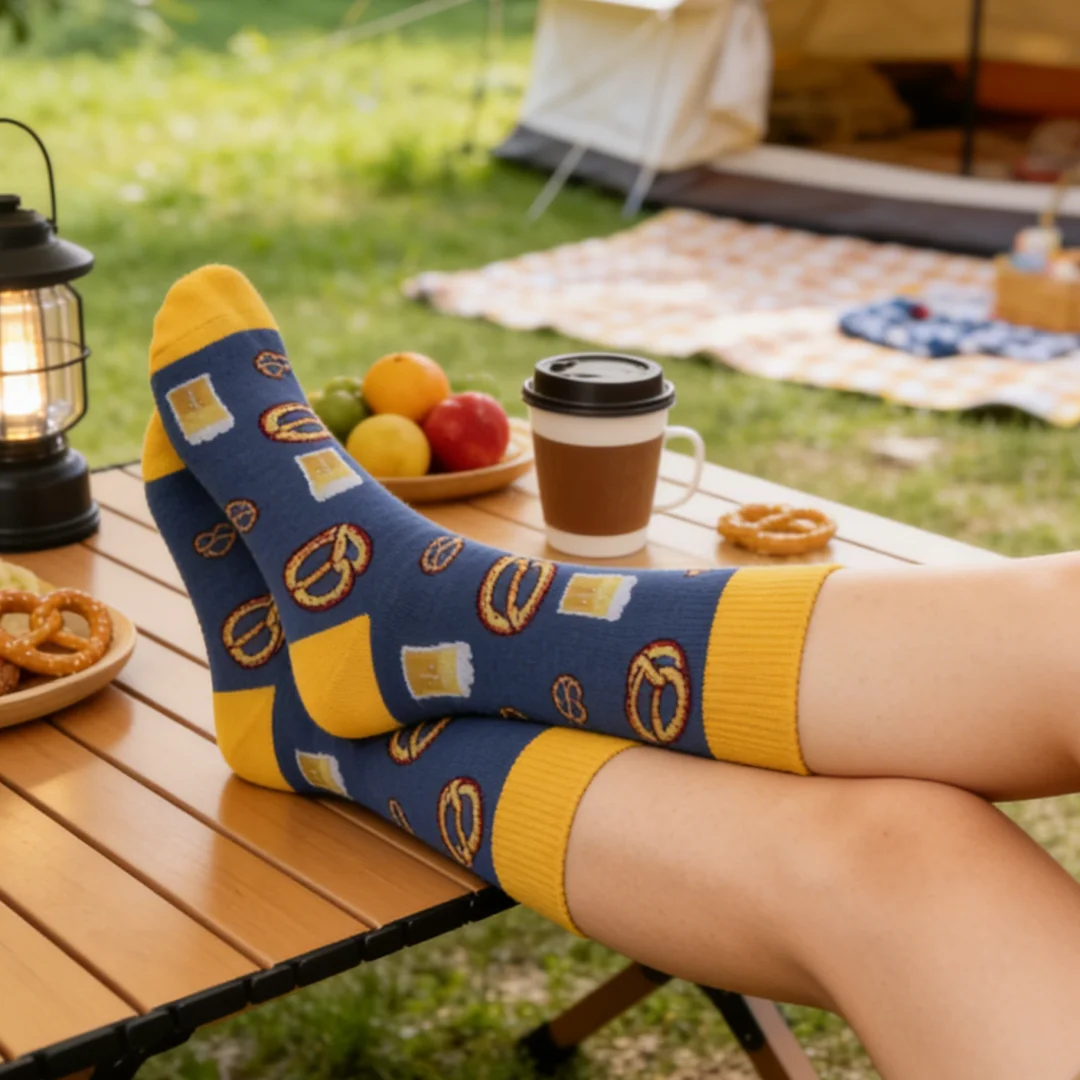 

1 пара носков до середины икры с рисунком в виде хлеба и пива, обеспечивающие комфорт, аналогичный хлопковому, подходят для всех сезонов.