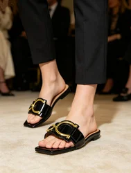 Plus size 35-44 leather slippers women's luxury party shoes square toe fishmouth shoes outdoor beach flip-flops in summer