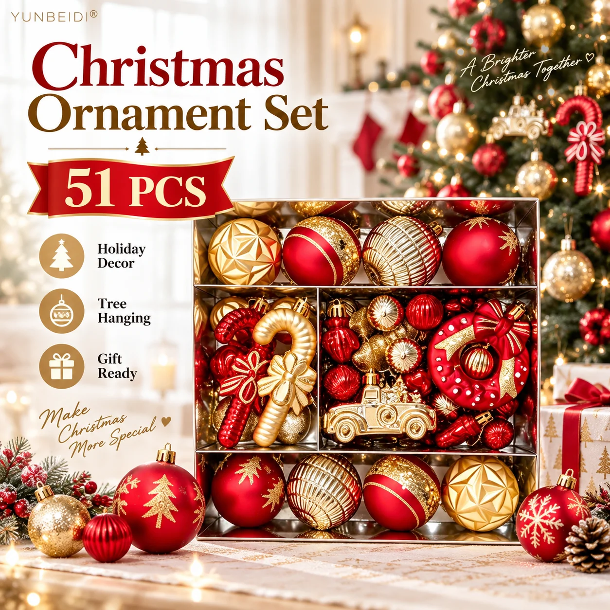 51PCS Christmas Balls Set Candy Walking Stick Boots Car Wreath Hanging Decorations for Home Party Christmas Tree Decorations